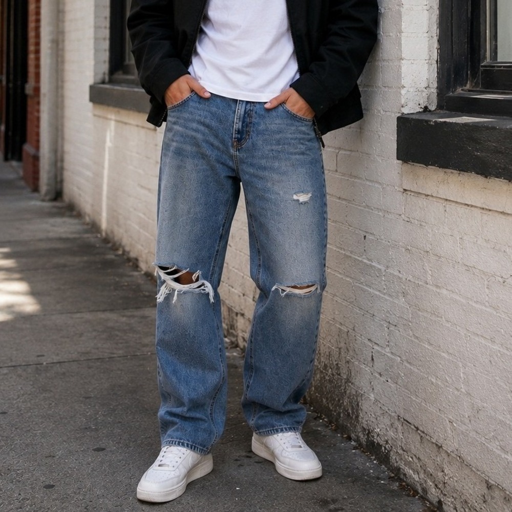 Forever 21 Mens 32 Distressed Jeans Medium Wash Ripped Denim Y2K Grunge 90s